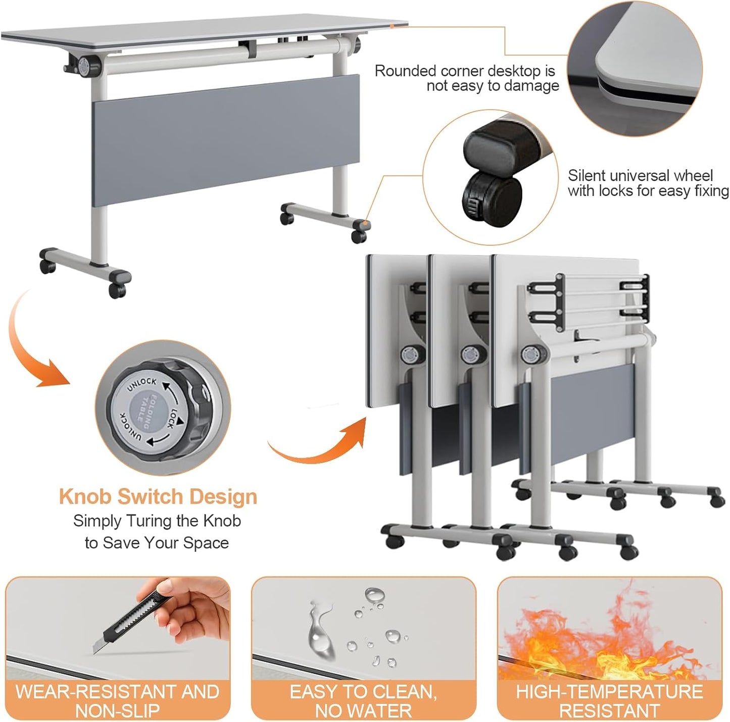 47.2 Inch Fold-and-Lock Conference Table, Robust Steel Legs & Rapid Setup, Ideal for Breakroom & Training Areas