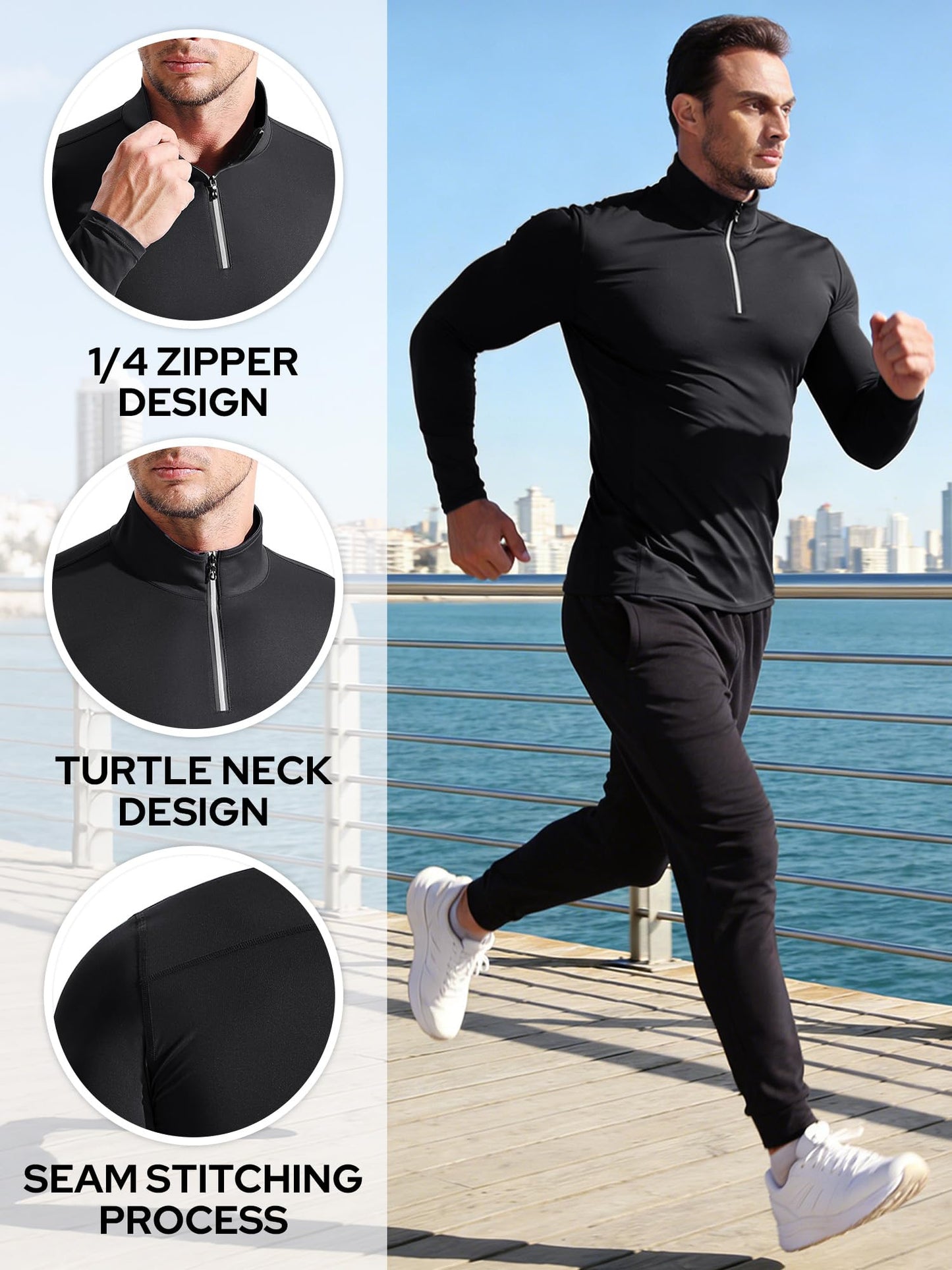 NELEUS Men's Compression Shirts 1/4 Zip Pullover Long Sleeved Running Shirts 3 Pack,5086,Black/Grey/White,L
