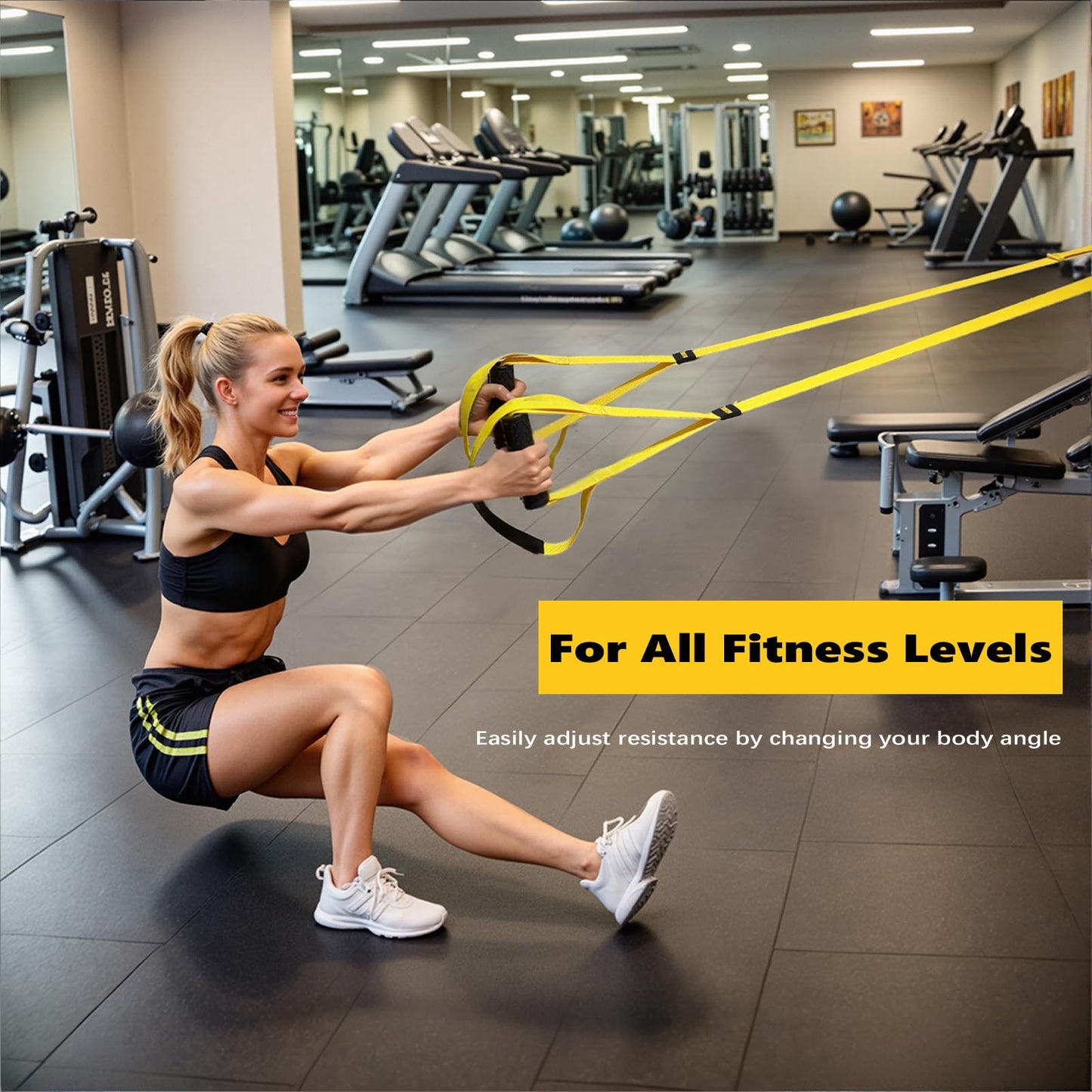 FITKIT Suspension Bodyweight Fitness Training Kit, Full Body Workouts Home Gym Resistance Trainer Straps for Total Body Workouts (Yellow)