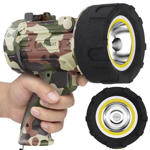 BUYSIGHT Rechargeable Spotlight Flashlight Floodlight,1000000 Lumen Hand held Spot Lights IP67 Waterproof COB Camping Lantern with red Filter(Camouflage Gray-COB)
