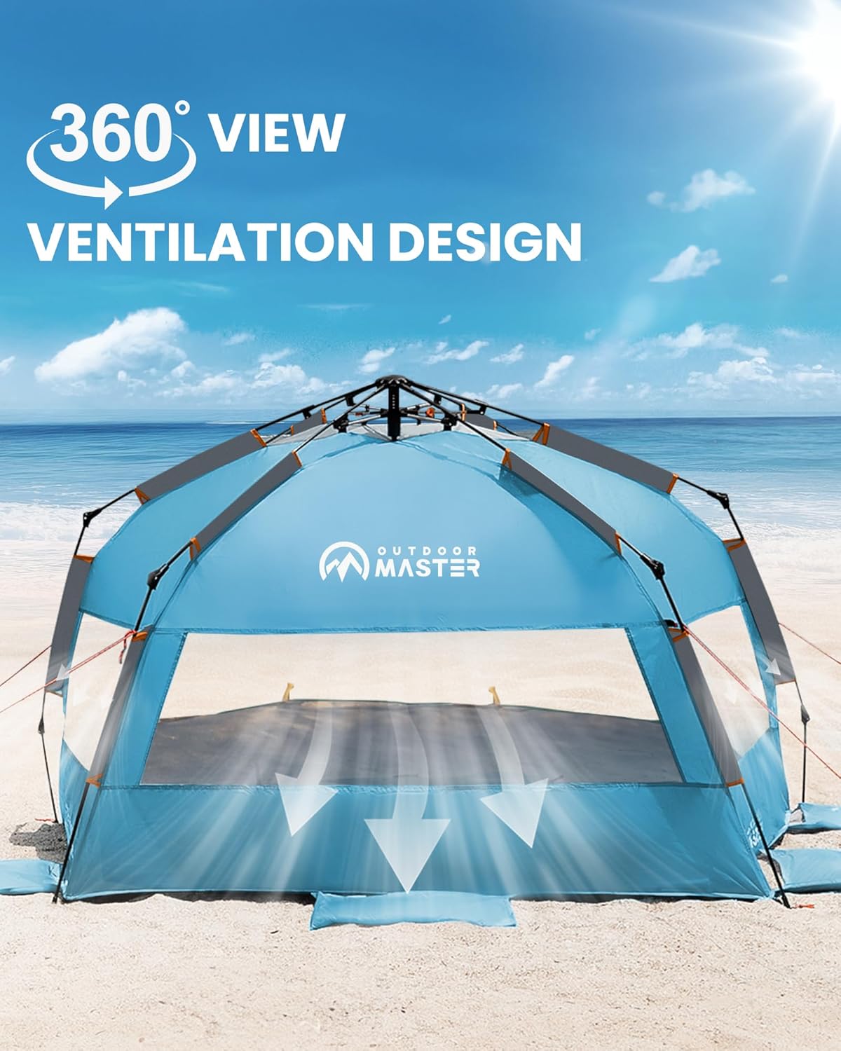 OutdoorMaster Beach Tent Sun Shelter for 3-4 Person, Pop Up Beach Tent Easy Setup with Sandbags, Portable Sun Shade Canopy with Carrying Bag for Beach & Outdoor, UPF50+ UV Protection, Family Size