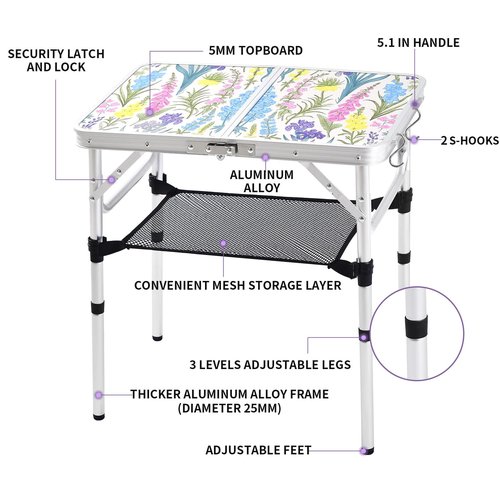 Yriuat Folding Camping Table 2ft Portable Pinic Table Adjustable Height Small Card Table Aluminum Foldable Lightweight with Carry Handle for Outdoor Indoor Hiking Camp BBQ Beach (Blooming Floral)