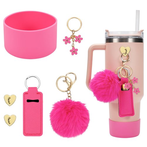 Water Bottle Boots Cover Mini Hooks Lipstick Sleeve Pouch Pom Daisy Charm Keychain Compatible with Stanley Tumbler, Siliocne Water Bottle Boots for Stanley Tumbler Cup 40oz.(Hot Pink)
