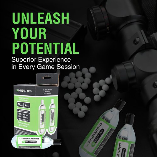 LA Innovations 74g CO2 Cartridges for Airsoft Guns and BB Guns - 74 Gram CO2 Cartridges with Protective End Cap, CO2 Airsoft Rifles Up to 1500+ Shots, CO2 Airsoft Pistol Up to 800+ Shots, 4 Pack