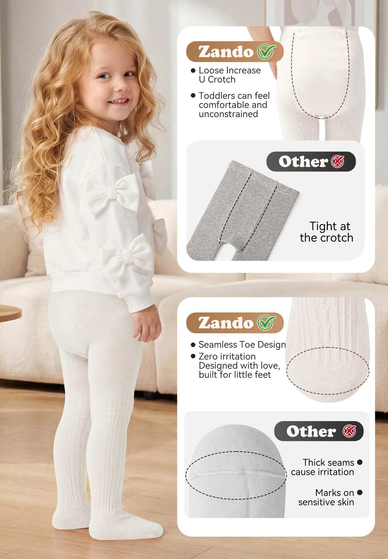 Zando Girls Cable Knit Tights 4-6 Cotton Footed White Tights for Girls Toddler Seamless Stockings Baby Leggings Kids Warm Pants Stretchy Pantyhose for Daily School Uniform 4-6 Years Cream White