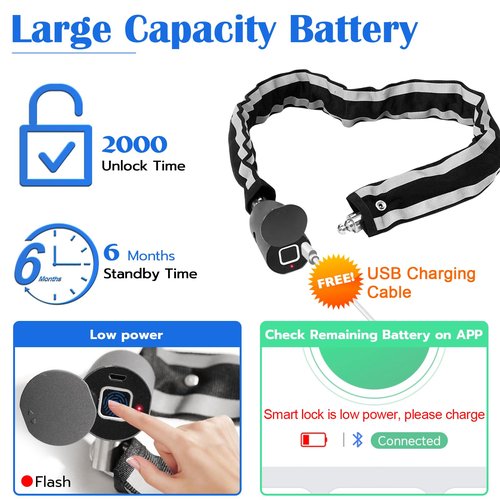 Eseesmart Bike Chain Lock, Fingerprint Bike Locks Heavy Duty Anti Theft, 3.28 Feet Security Bike Locks with APP, Waterproof Smart Cable Lock for Bike, Bicycle, Scooter, Motorcycle, Door, Gate, Fence
