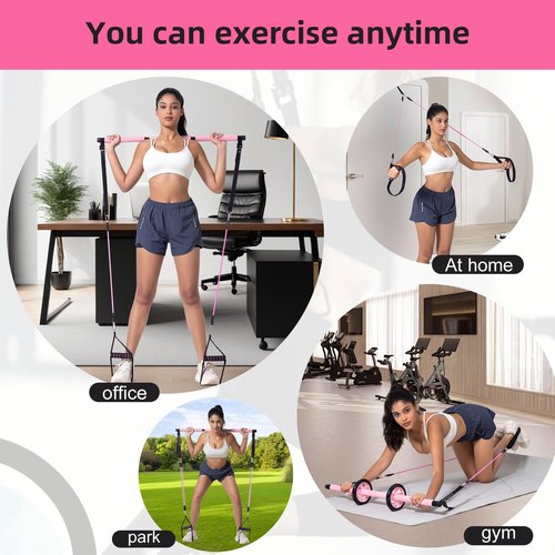 Ocomcap Pilates Bar Kit with Resistance Bands, Pilates Equipment Exercise Bars with Rollers for Abdominal Exercise, Portable Home Gym Equipment, Men's and Women's Total Body Exercise Equipment