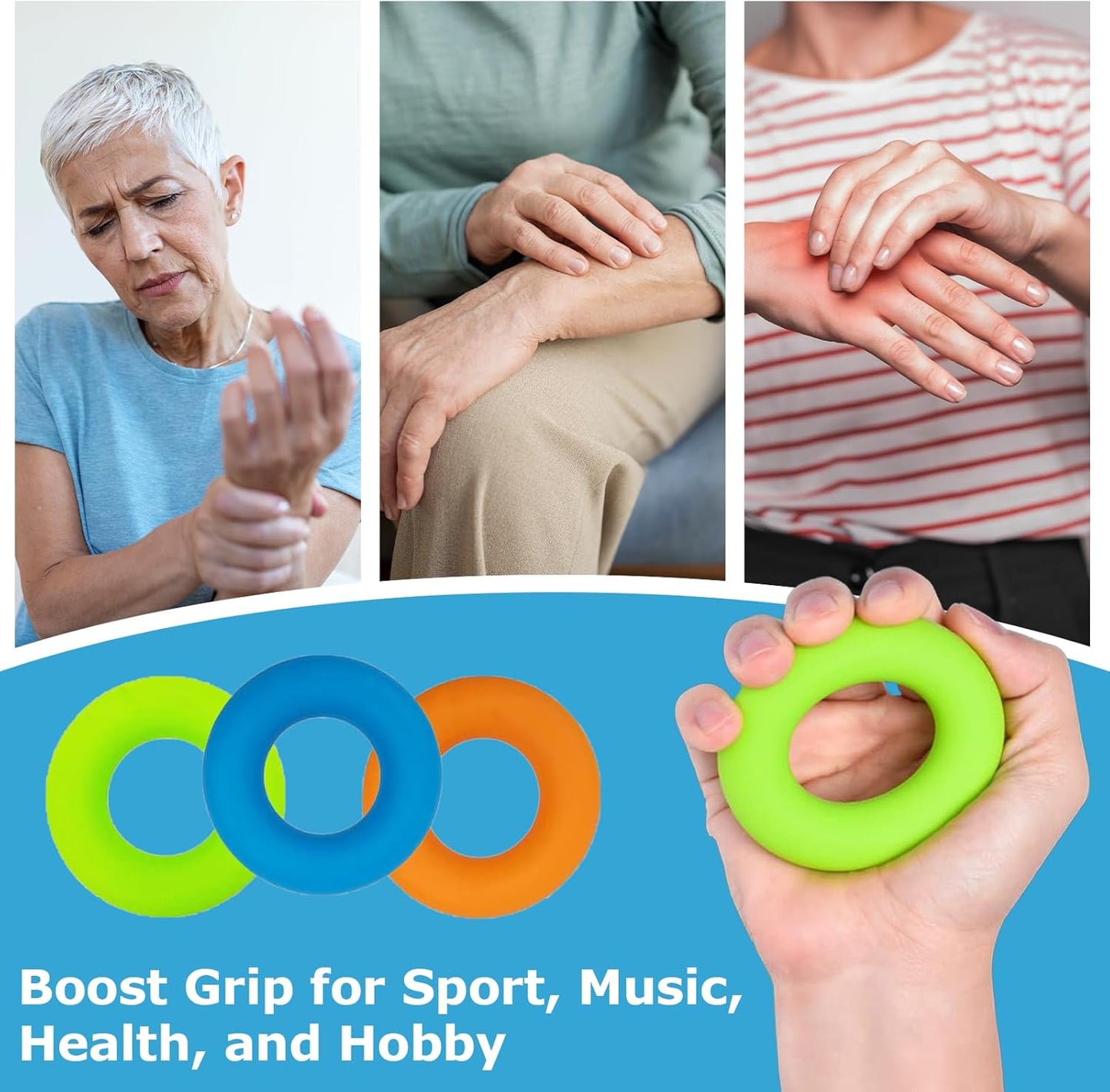 Hand Grip Strengthener Rings, Finger Strengthener Resistance Bands for Guitar/Piano Exercising, Climbing, Arthritis Therapy, Set of 3 Resistance Levels (6 PCS)