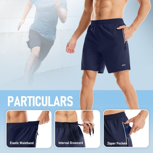 INYO Mens Athletic Short Quick Dry Lightweight Running Shorts Zipper Pockets Breathable Tennis Shorts, Navy Blue, Large