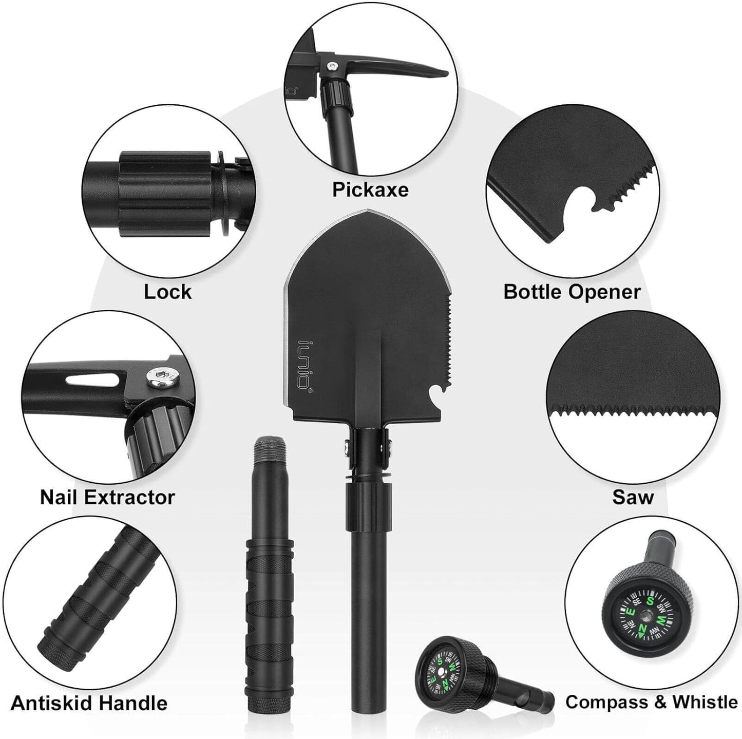iunio Camping Shovel,Shovel Folding, Portable, Multitool, Foldable Entrenching Tool, Collapsible Spade, for Backpacking, Trenching, Hiking, Survival, Car Emergency