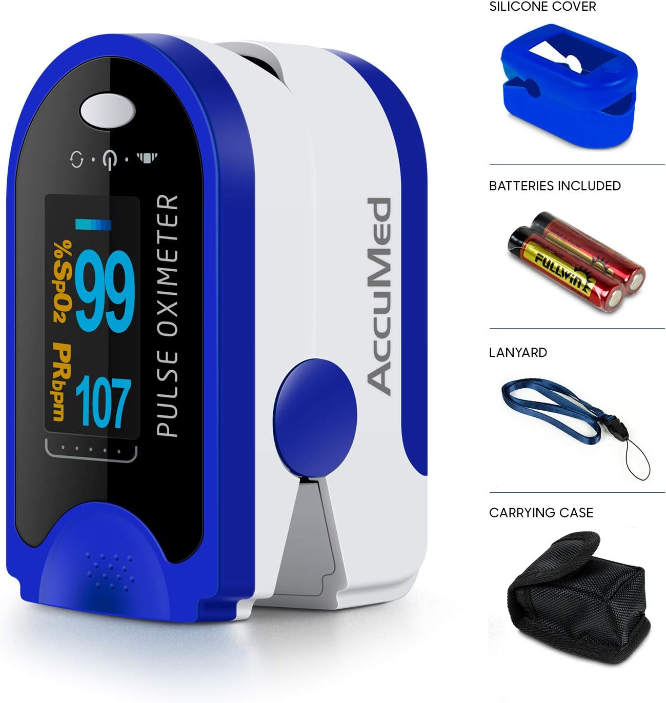 AccuMed Fingertip Pulse Oximeter, Sp02 Finger Blood Pulse Oxygen Monitor, w/Carrying case, Lanyard Silicon Case & Battery CMS-50D (Blue)