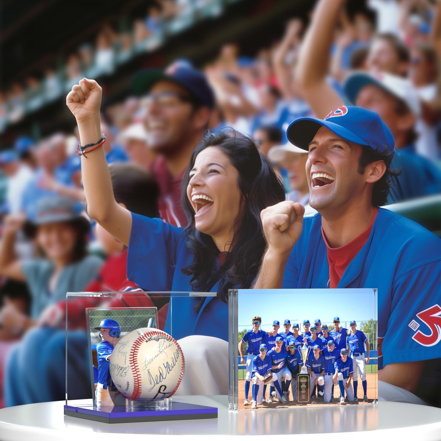 FEMELI Baseball Case Display Holder: 2PCS Acrylic Clear Ball Box with Base/Card Slot-Memorabilia Showcase Autograph Softball Protector Stand (Blue)