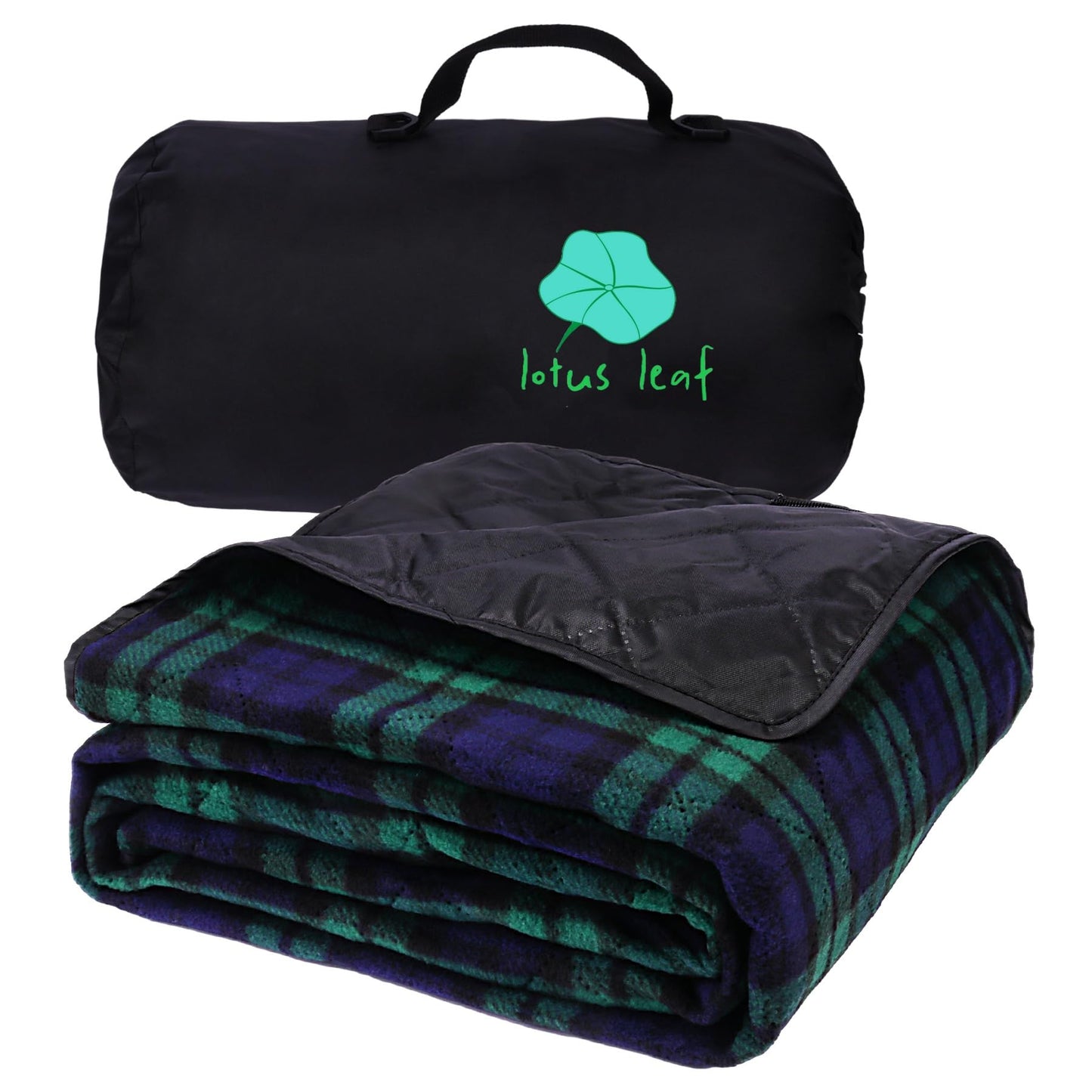 LOTUS LEAF Waterproof Stadium Blanket 85”X 55” Packable,Windproof Extra Thick Picnic mat, Stadium Blankets for Camping with Quilted Fleece Lining,Machine Washable，Black (Green Check)