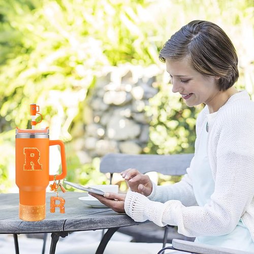 Stanley Cup Accessories Set of 6 PCS, Including Letter Stickers, Letter Chains, Straw Caps, Cup Sleeves, and Spill Proof Stoppers, Orange, 30 Oz 40 Oz, Water Bottle Carrier Set(Cup Not Included)