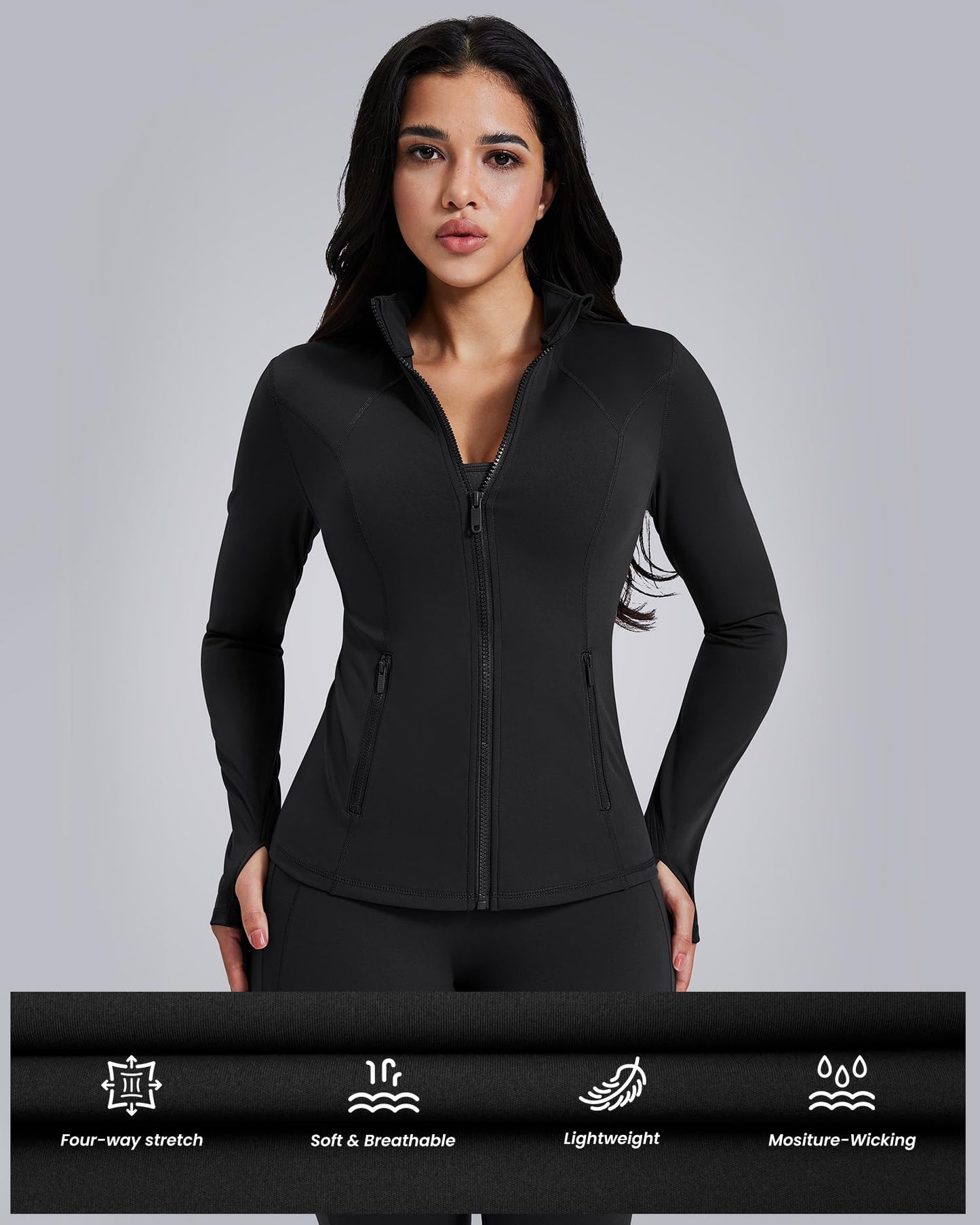 AVGO Womens Workout Jackets Lightweight Athletic Zip Up Jacket Slim Fit Running Gym Top with Pockets & Thumb Holes(Black, S)