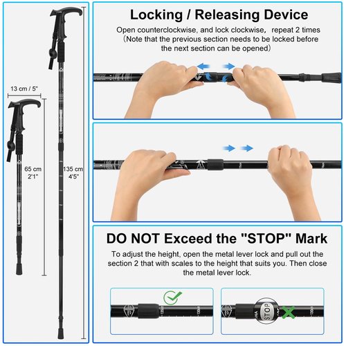 supregear Trekking Poles, 2 Pack Lightweight Aluminum Hiking Poles 3-Section Adjustable Telescopic Shockproof Walking Sticks with T-Handle for Kids Adults Seniors Men Women Camping Backpacking, Black