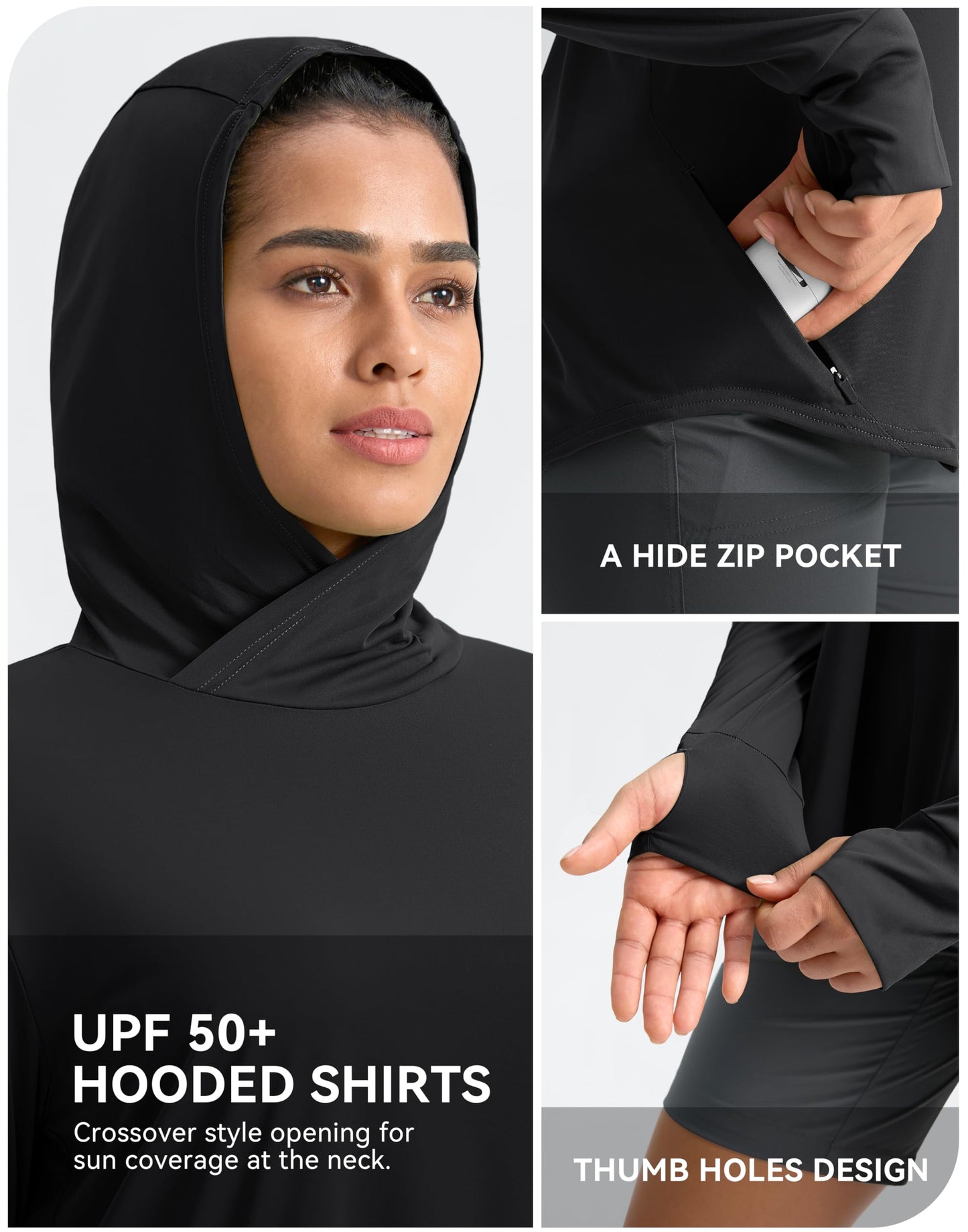 Pudolla Women's Sun Protection Shirt UPF 50+ Long Sleeve Lightweight UV Hoodie for Women Hiking Outdoor Fishing Summer (Black Medium)