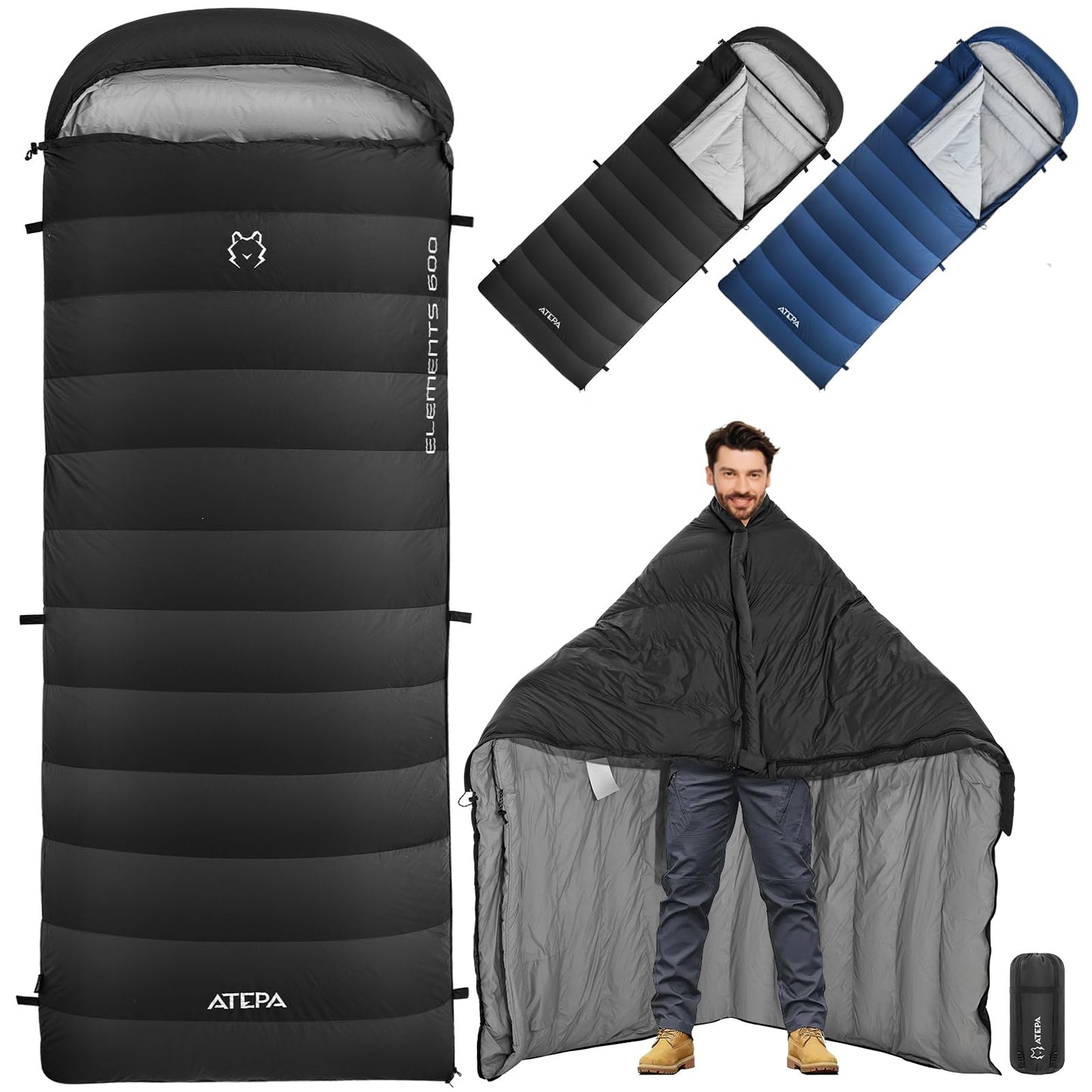 ATEPA Down Sleeping Bag for Adults, Lightweight Cold Weather 4 Season Backpacking Sleeping Bag, with Wearable Rectangle Wide Waterproof Design & Compression Sack for Backpacking Hiking Camping, Black