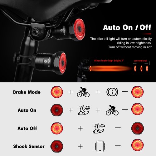 X-TIGER Bike Tail Light Smart,Brake Sensing Bicycle Rear Lights for Night Ride,Auto On/Off, Waterproof, USB Rechargeable, Ultra Bright LED Warning Back Cycling Safety Taillight Accessories