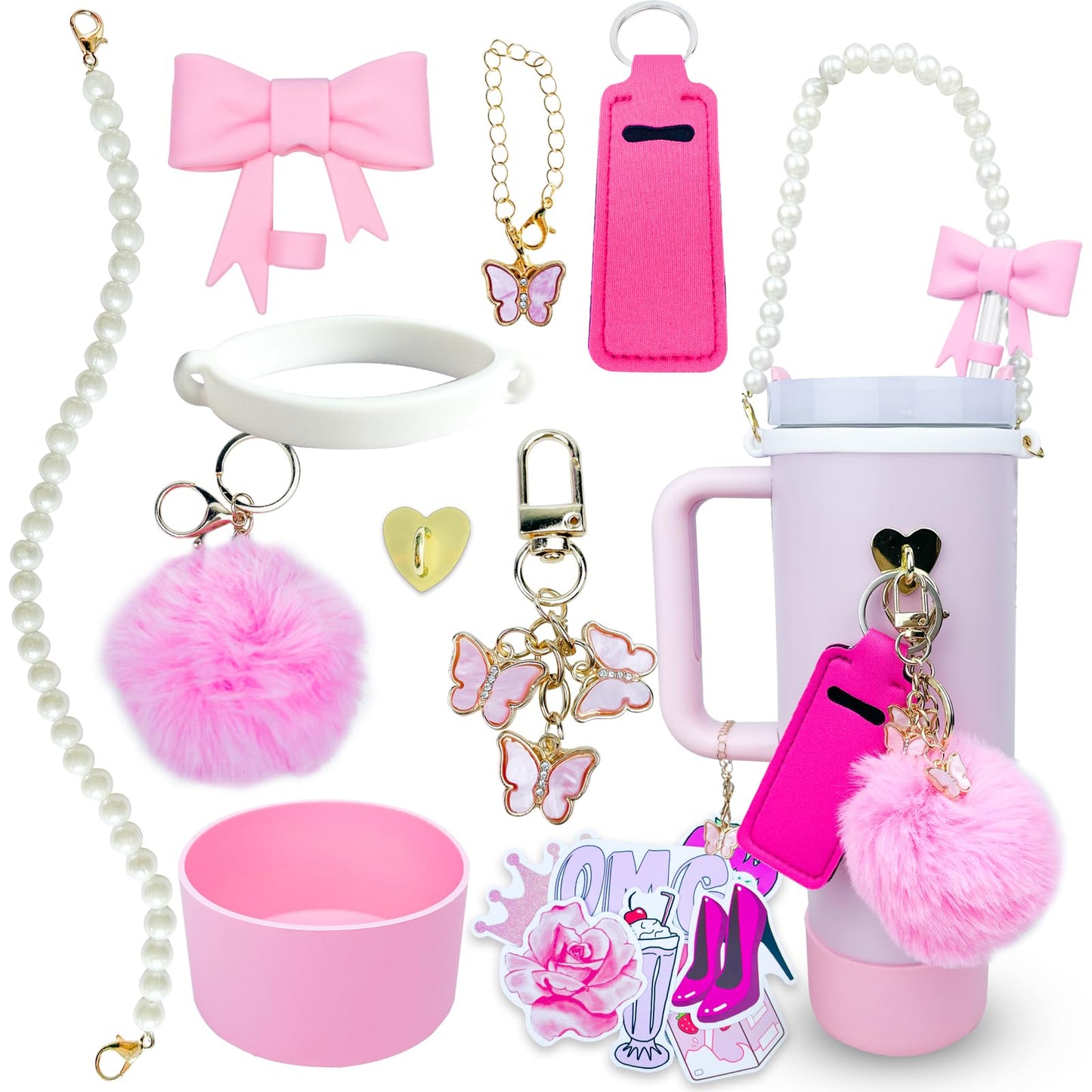 Accessories Set for Stanley Cup 30 oz 40 oz,Water Bottle Handle Strap,Boot, Straw Cover for Stanley, Beautify Your Cup, Unique Gifts For Women Pink
