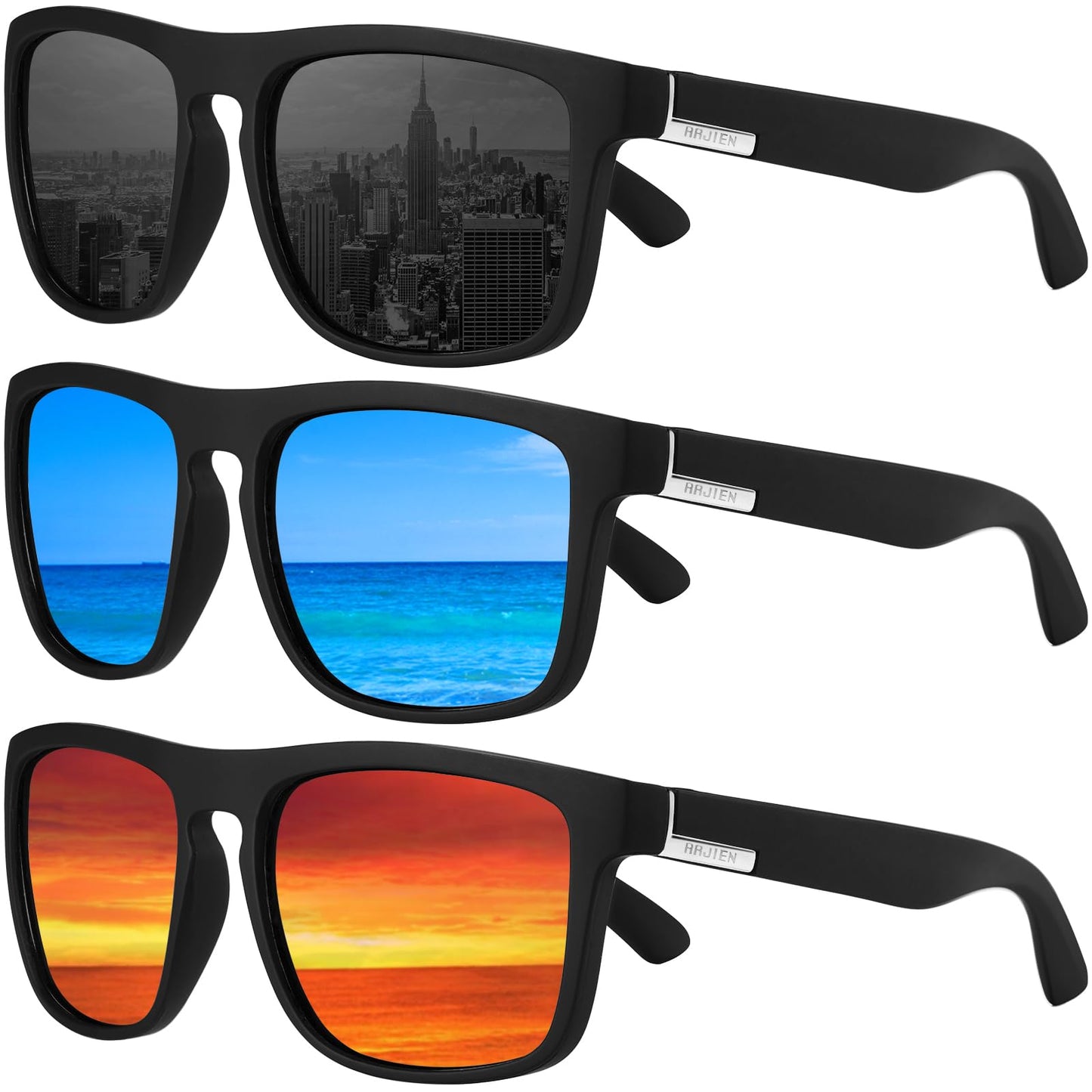Arjien Polarized Sunglasses Men UV Protection Square Mens Sun Glasses Driving Fishing Golf Running Beach Essentials for Men (3 Pack (Black+Blue Mirrored+Red Mirrored))