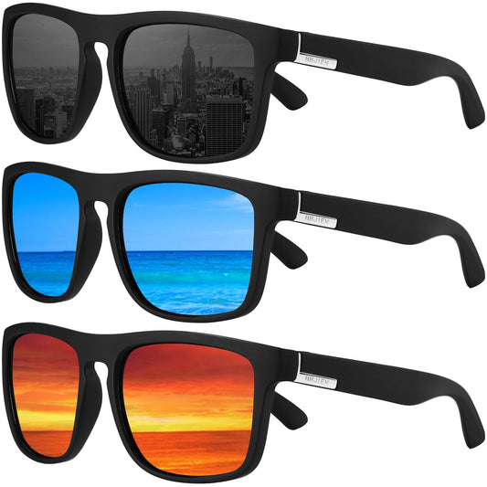 Arjien Polarized Sunglasses Men UV Protection Square Mens Sun Glasses Driving Fishing Golf Running Beach Essentials for Men (3 Pack (Black+Blue Mirrored+Red Mirrored))