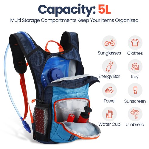 Shinylin 2 Pcs Kids Hydration Backpack with 1.5l Water Bladder Lightweight Kids Hiking Backpack Water Rucksack for Boys Girls Climbing Running(Blue, Purple)