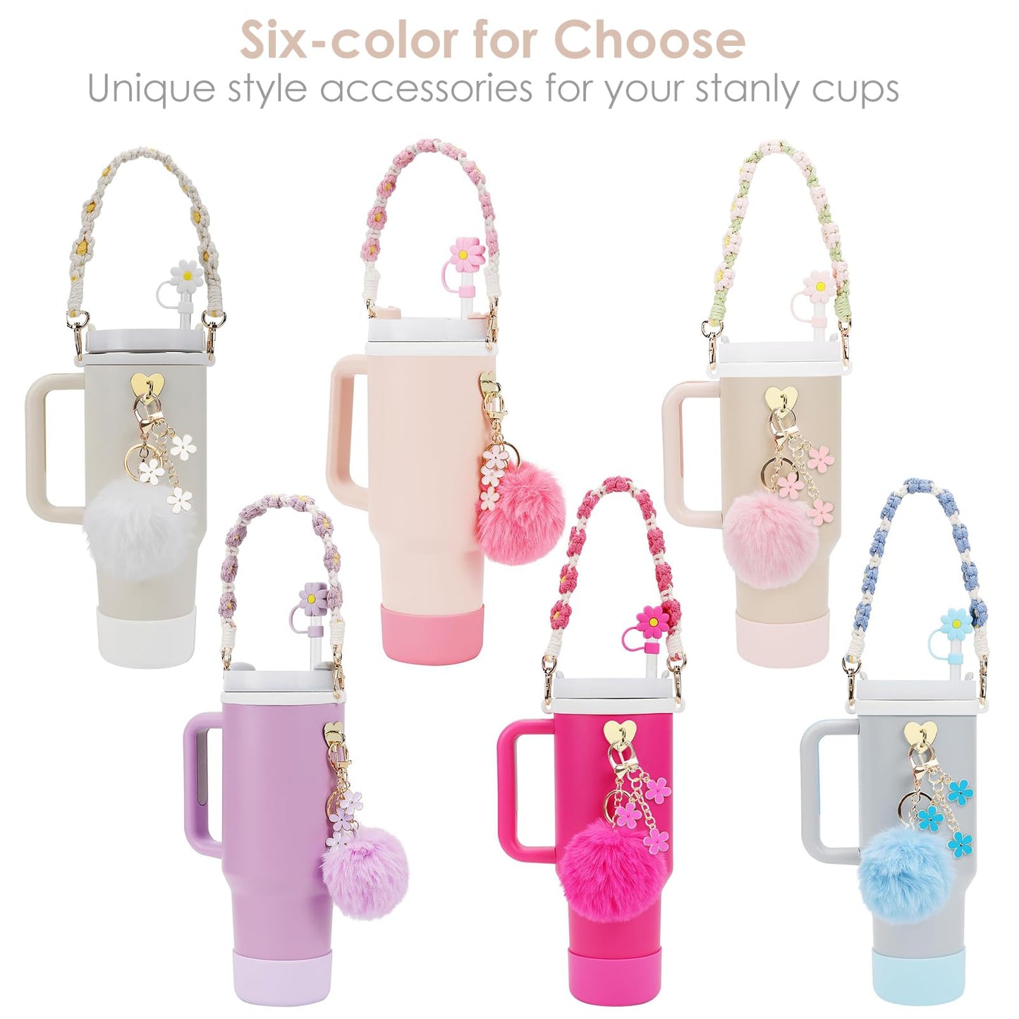 7Pcs Accessories Set for Stanley Cup 40 oz 30 oz, Water Bottle Handle Strap, Siliocne Cup Boot, Flower Straw Cover, Charms for Stanley - Purple