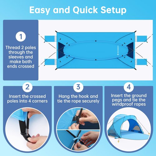 Raynesys Beach Tent Sun Shelter, Portable Beach Shade with UPF50+ UV Protection for 1-3 Person, Sun Shade Tent with 2 Zippered Doors, Cool Cabana for Sand Camping Fishing, Blue