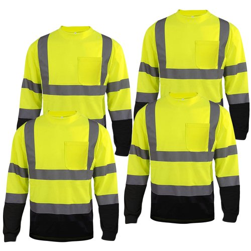 CAMNWAMN Apparel High Visibility Shirts, Long Sleeve Hi Vis Reflective Safety Shirts with Pocket for Men (Medium, Yellow+Black 4 Pack)