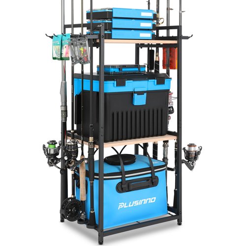 PLUSINNO 3 Tier Fishing Rod Holder, Fishing Pole Holders for Garage, Fishing Rod Rack Fishing Rod Storage Up to 8 Rods, Fishing Gear Tackle Box Fishing Equipment Organizers, Fishing Gifts for Men