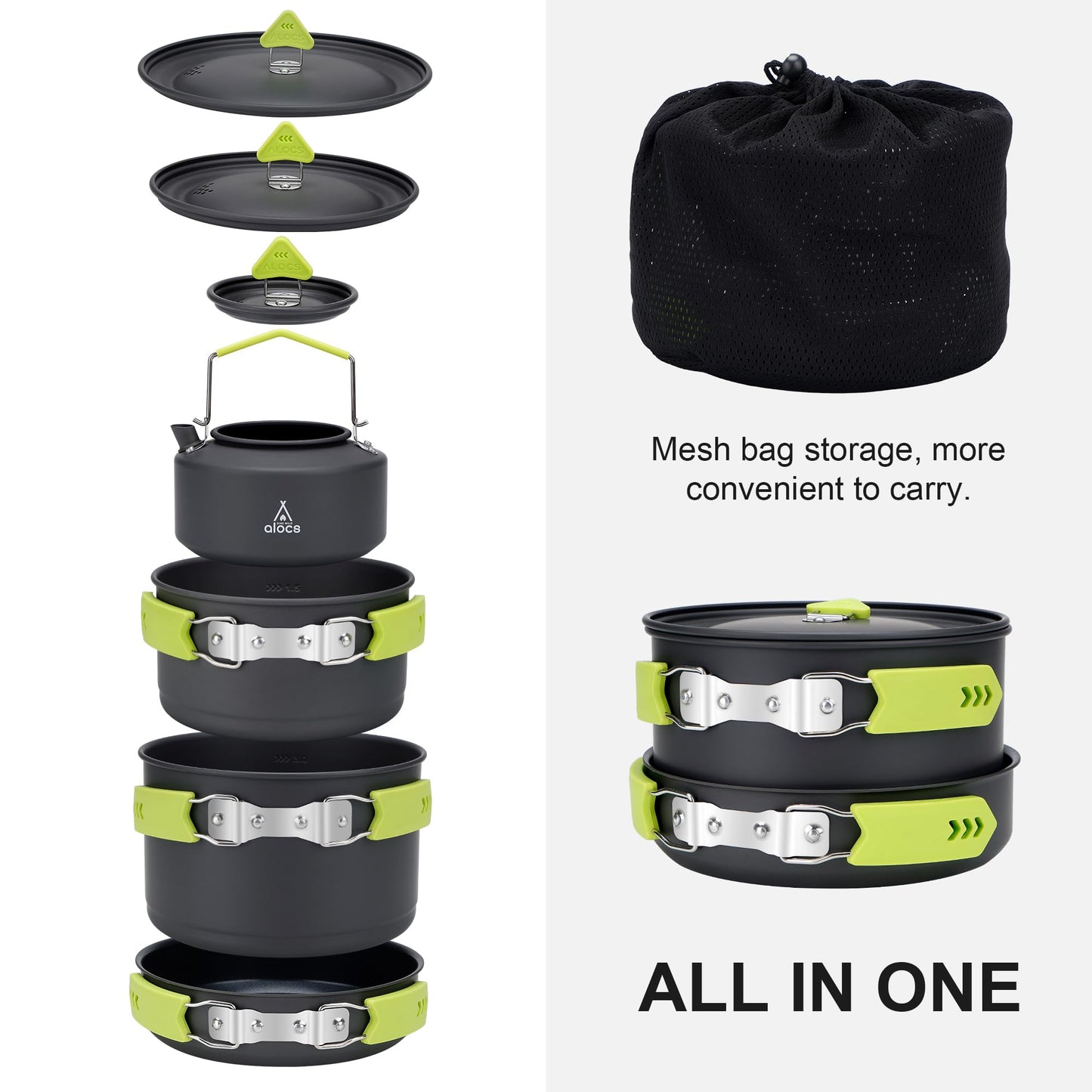 Alocs Camping Cookware, Non-Stick Large Camping Cooking Set with Kettle, Camp Kitchen Camper Must Haves for Outdoor Camping Hiking Picnic