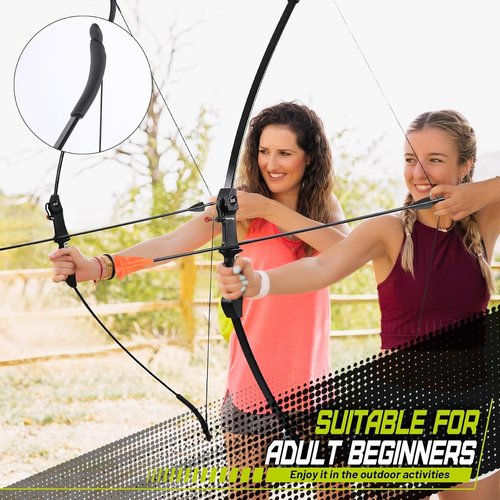 CrazyMouse Bow and Arrow for Teens Beginners Adults Recurve Bow Set 8 Arrows 5 Target Face Archery Longbow Kit Backyard Games Gift for Outdoor Sports (Black Archery Bow Set)