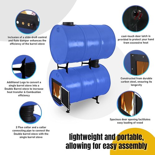 Double Barrel Stove Kit – Perfect For 30 to 55 Gal Drum Wood Stove Kit - Heavy Duty Steel Barrel Camp Stove Kit w/Stove Door - DIY Oil Barrel Stove Kit Heat for Winters in Workshop, Cabin, Garage