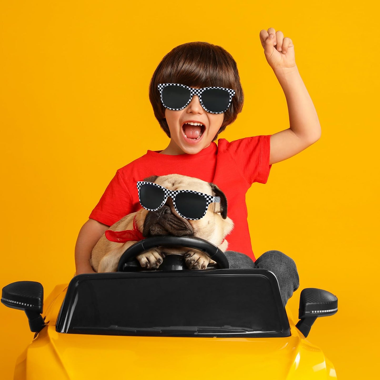 6 Pack Race Car Checkered Sunglasses White Black Frame Checker Sunglasses Bulk for Kids Race car Party Favors Essentials & Gear Up With Hot Car Plastic Glasses for Racing Theme Birthday Supplies Gifts