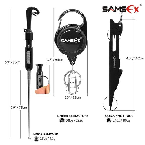 SAMSFX Fishing Stainless Steel Hook Tier, Knot Tying Tool, Loop Tyer, Hook Remover and Zinger Retractors Combo (Hook Tier with Black Grip)