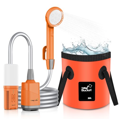 Cosy Life Portable Shower for Camping, Rechargeable Camping Shower Pump with 5 Gallons Collapsible Bucket & LED Light, Electric Outdoor Camp Shower Portable Shower Pump Camping Hiking (5.9 ft Hose)