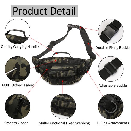 Tactical Fanny Pack,Small Fishing Tackle Bag Water-Resistant Military Waist Bags Portable Fishing Storage Waist Packs for Outdoor Fly Fishing Hiking Climbing with 2 PCS Mini Carabiners (Black)