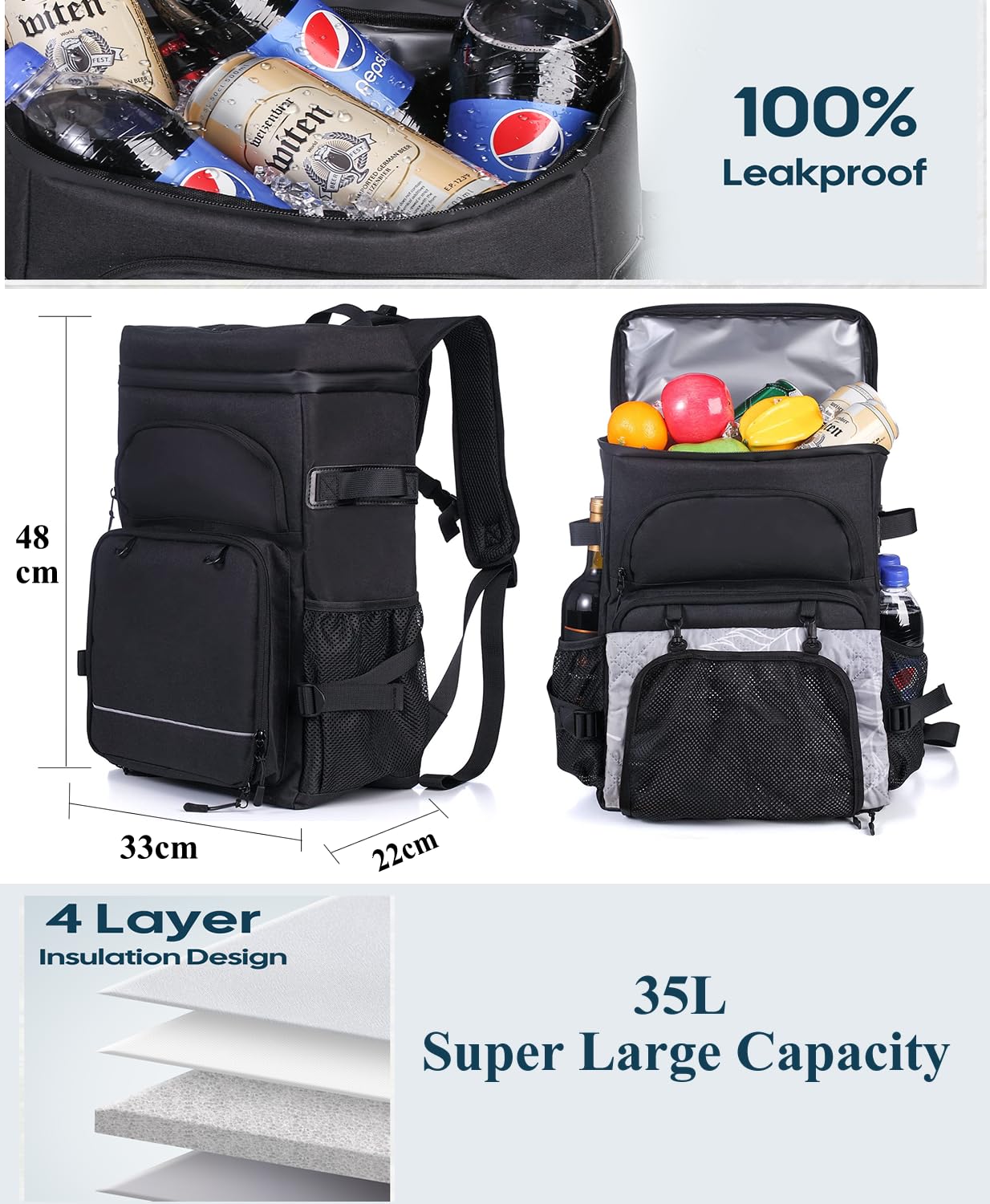 DEWUR Cooler Backpack 45 Can Large Capacity Insulated Backpack, Waterproof and Leak-Proof, Portable with Bottle Opener, Perfect for Picnics, Camping, Beach, Hiking,Shopping, 35L (Black 45Can)