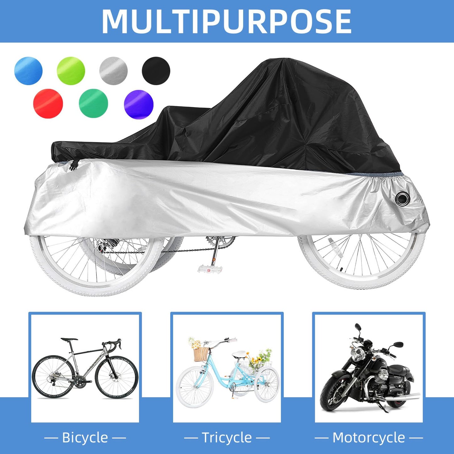 AkiiGer Adult Tricycle Cover Waterproof Outdoor, Bike Covers for 2 Bicycles, Sun Dust Wind Proof Bicycle Cover with Lock Hole, 90.6"L, Ripstop Material, Easy to Carry-Black