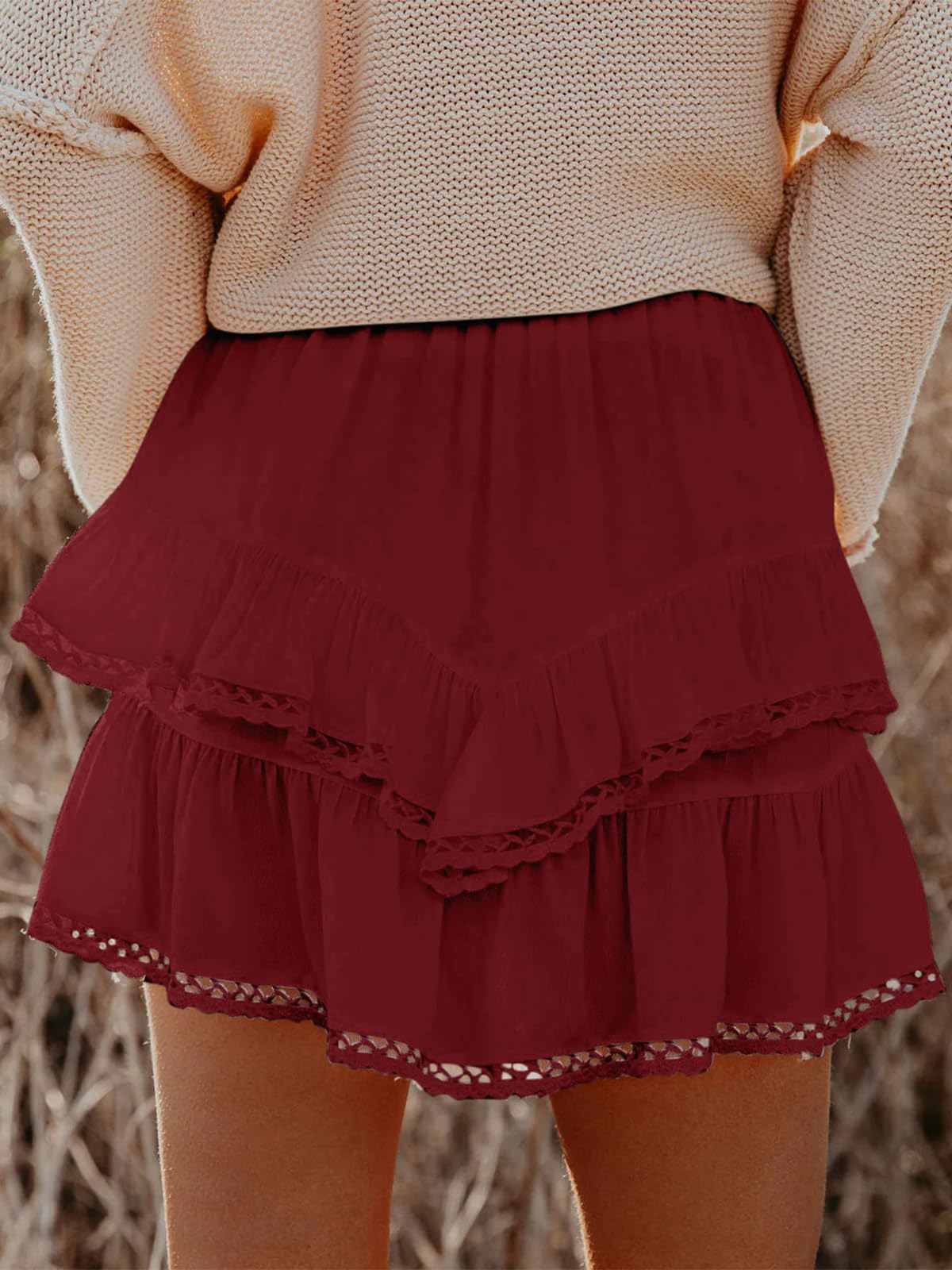 Aoudery Flowy Shorts for Women Casual Boho Ruffle Tiered Skorts High Waist Mini Skirts Golf Tennis Butterfly Crochet Shorts - Red XS