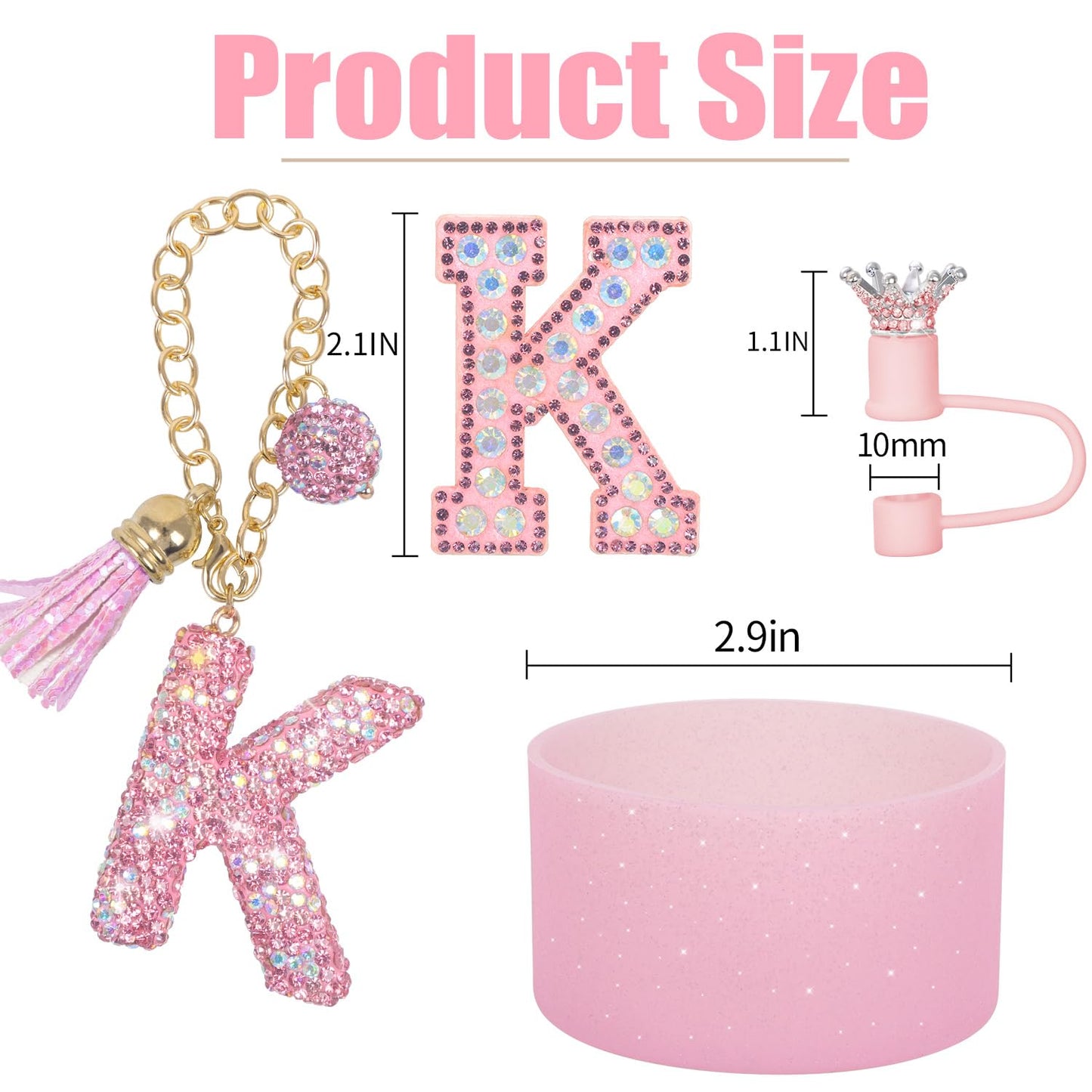 JUNIQUTE Pink Diamond Letter Charms Accessories for Handle Set, Bottom Protector for 40oz 30oz Stanley Cup, Crown Straw Cover & Sticker (K)