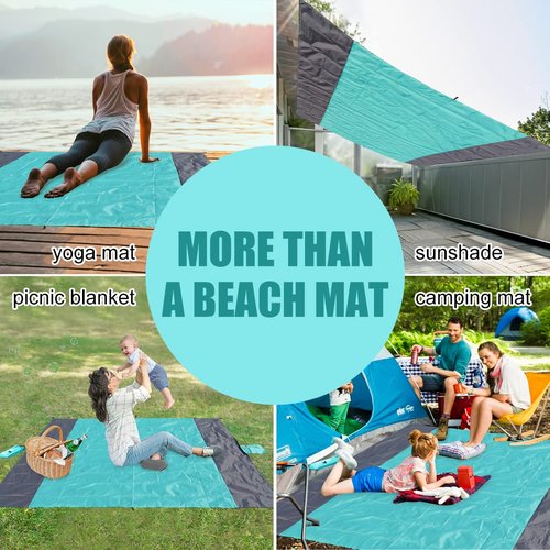 Yonge & Finch Large Beach Blanket Sandproof Heat-Resistent Beach Mat Machine Washable Camp Packable Pocket Blanket Waterproof Outdoor Blanket Fit 4-7 Persons 83 * 79inch Acid Blue