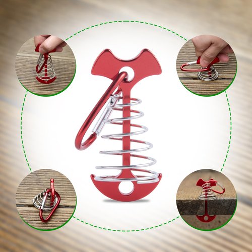 CHANGE MOORE Aluminum Deck Tie Down Spring Windproof Tent Stakes, Camping Outdoor Fishbone Tent Anchors Tent Rope Red Deck Anchor Pegs with Red Carabiners (7Pcs)