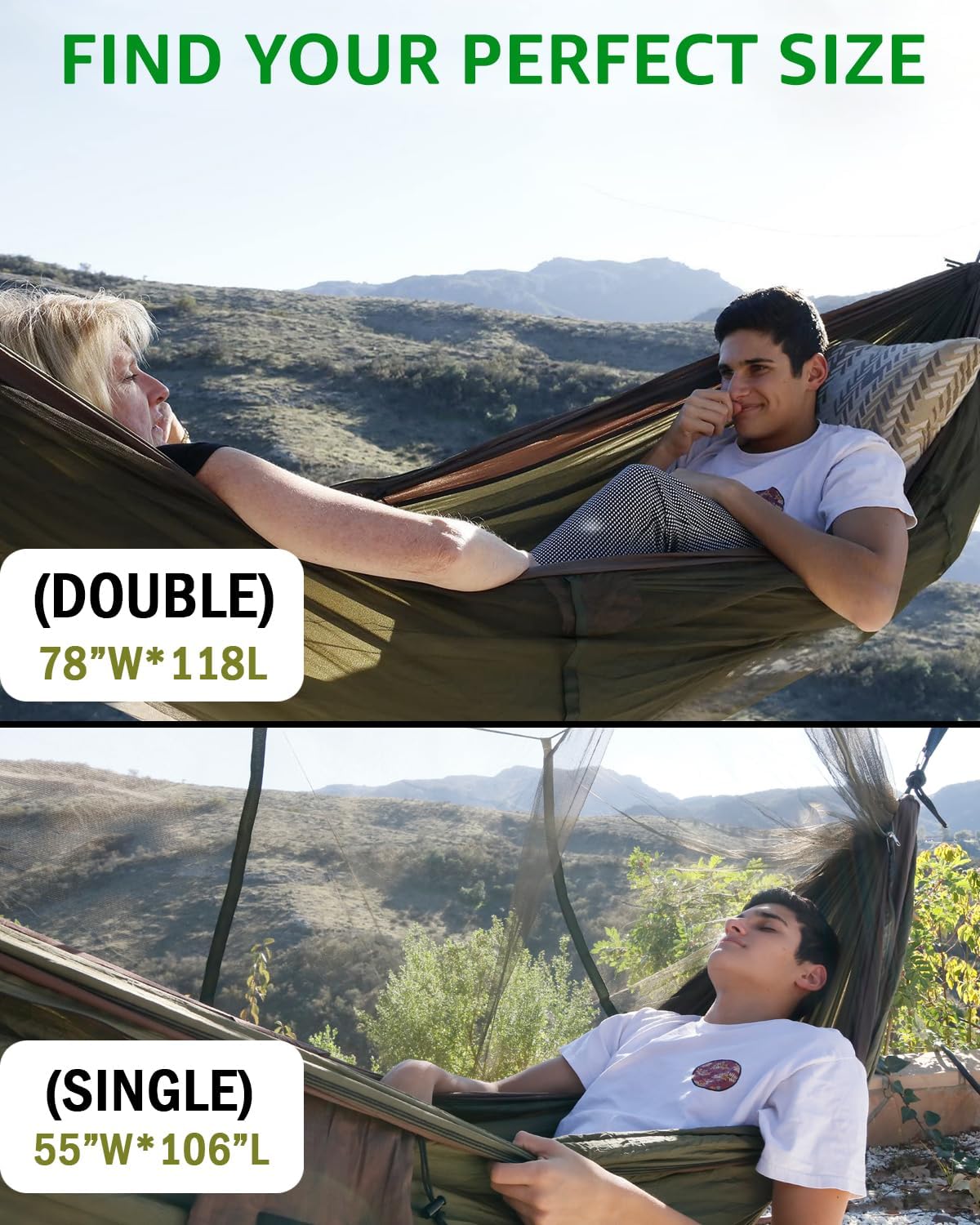 Sunyear Camping Hammock, Portable Single & Double Hammock with Net, 2 Person Hammock Tent with 2 * 10ft Straps, Best for Outdoor Hiking Survival Travel
