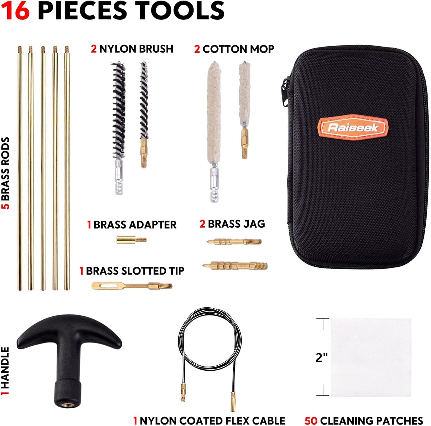 Raiseek .177 Cal & .22 Cal Airgun Cleaning Kit with Cotton Mop Brass Cleaning Rod Nylon Brushes in Zippered Organizer Compact Case