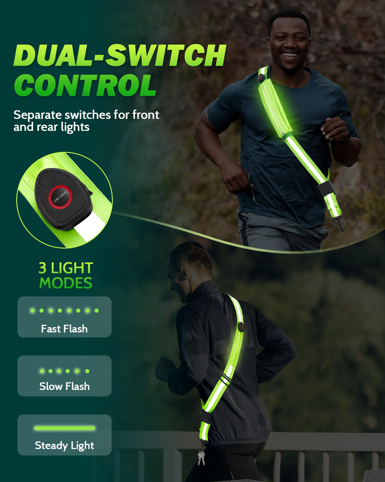 Fitense LED Reflective Belt Sash with Phone Holder with Rechargeable LED Armband 2-Pack, High Visibility Reflective Running Gear for Night Safety, 5 Colors & 3 Modes Light Up Armbands for Night Walkin