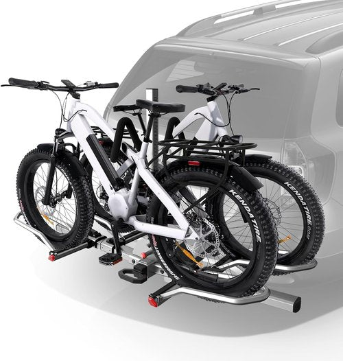 KYX 220 lb Hitch Mounted E-Bike Rack, 2-Bike Rack Platform Style for Cars Trucks SUVs Minivans, fits MTB Gravel Road Bike with Up to 5-inch Fat Tire Carrier Rack - 2" Hitch Receiver (Aluminum)