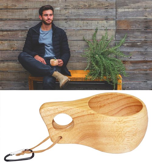 Flimjibg Coffe Mug Portable Wooden Camp Cup with Handle Kuksa Handmade Cool Hot Drinking Viking Mug Unique Natural Wood Grain for Outdoor Travel Hiking Men Women