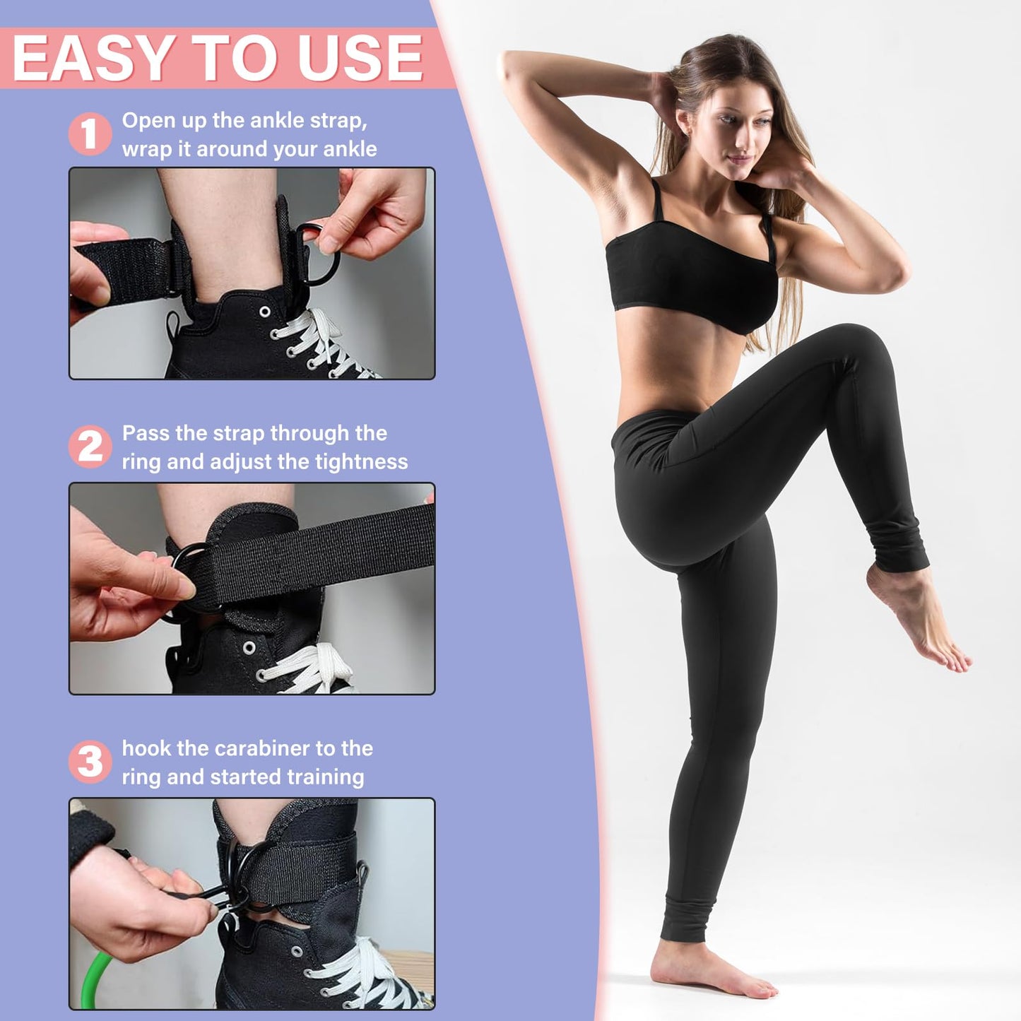 Feelorna Ankle Resistance Bands with Cuffs, Portable Ankle Bands for Working Out, 3 Levels of Resistance, Black